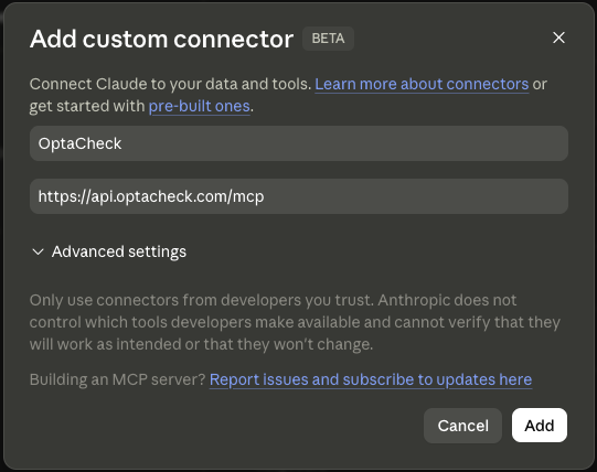 Form to add custom connector with Name and URL fields