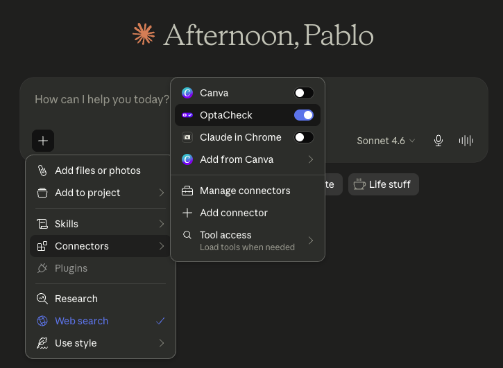 Claude chat screen with the OptaCheck connector enabled