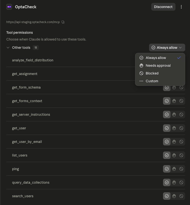 Claude showing the 11 available tools from the OptaCheck connector