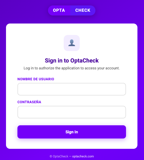 OptaCheck login screen requested from Claude
