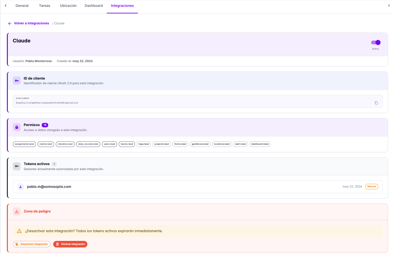 MCP integration detail with permissions and active tokens