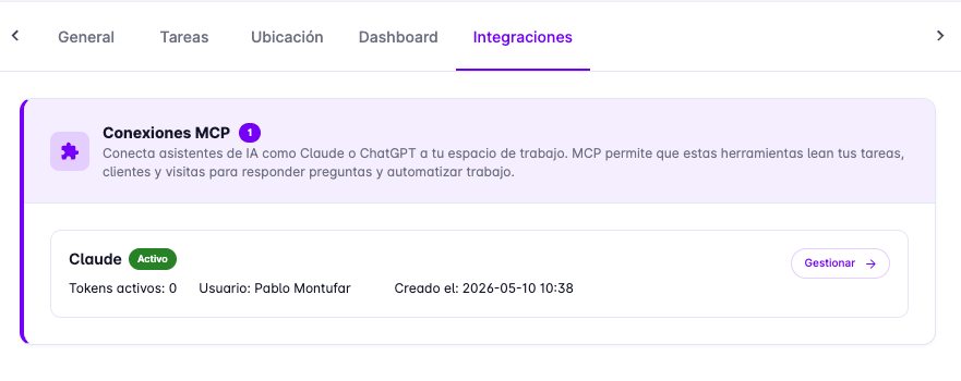 Integrations page with list of active MCP connections
