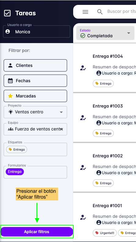 Tasks apply filter button