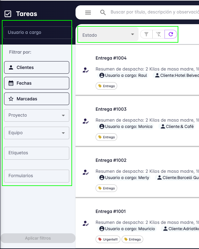 Tasks filter section