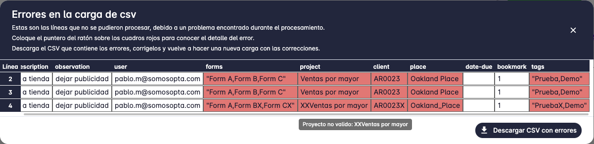 Tasks upload errors table