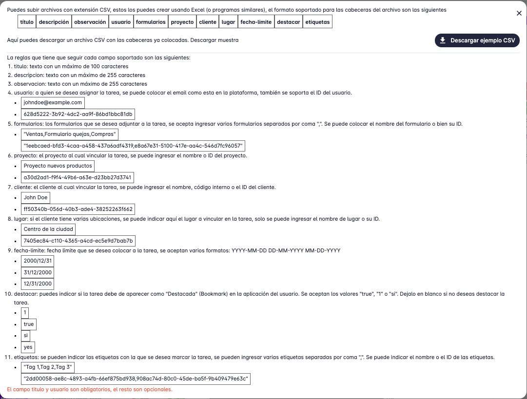 Tasks upload format